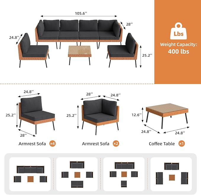 Aoxun 7-Piece Patio Furniture Set, Wicker Outdoor Furniture - Image 6