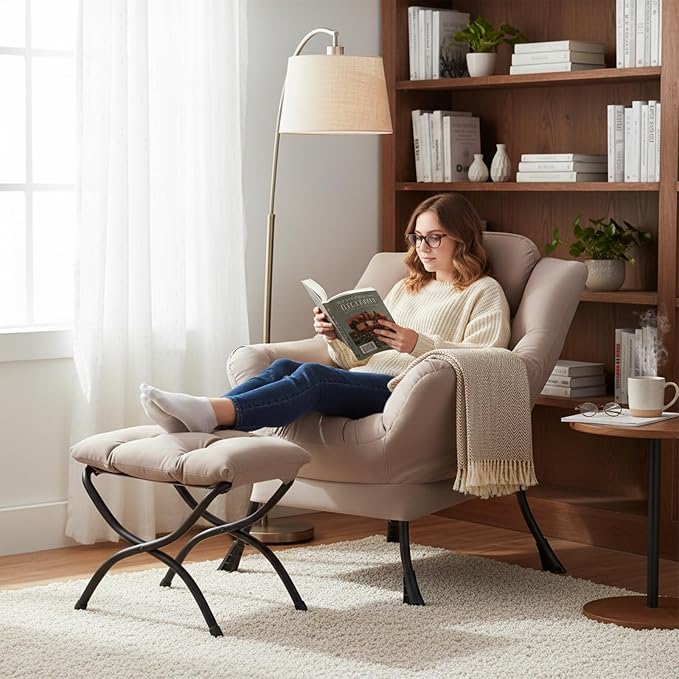 Welnow Lazy Chair with Ottoman, Modern Reading Accent Chair with Armrests and a - Image 8