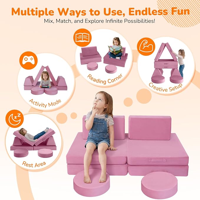 MeMoreCool Toddler Couch for Girls, 8-Piece Modular Kids Play Couch in Dusty - Image 4
