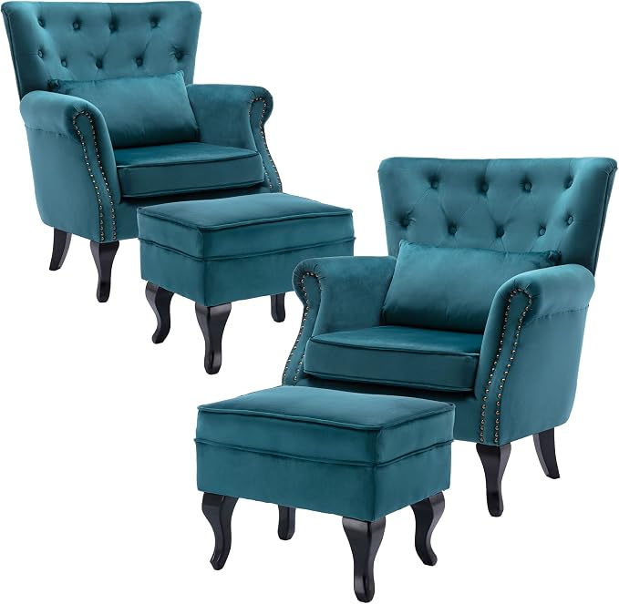 Accent Chairs with Ottoman Set of 2 Velvet Wingback Club Chair Upholstered by DMFurniture