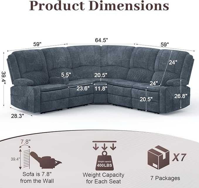 Yolsali Manual Reclining Sectional Sofa Set, 5 Seats Soft Fabric Recliner - Image 2