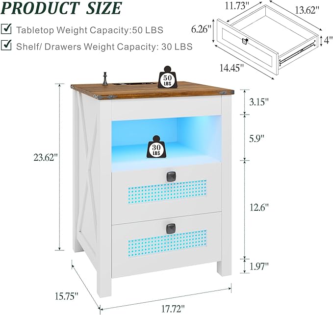 Nightstand with Gun Drawer, Rattan Bedside Table with Charging Station - Image 2