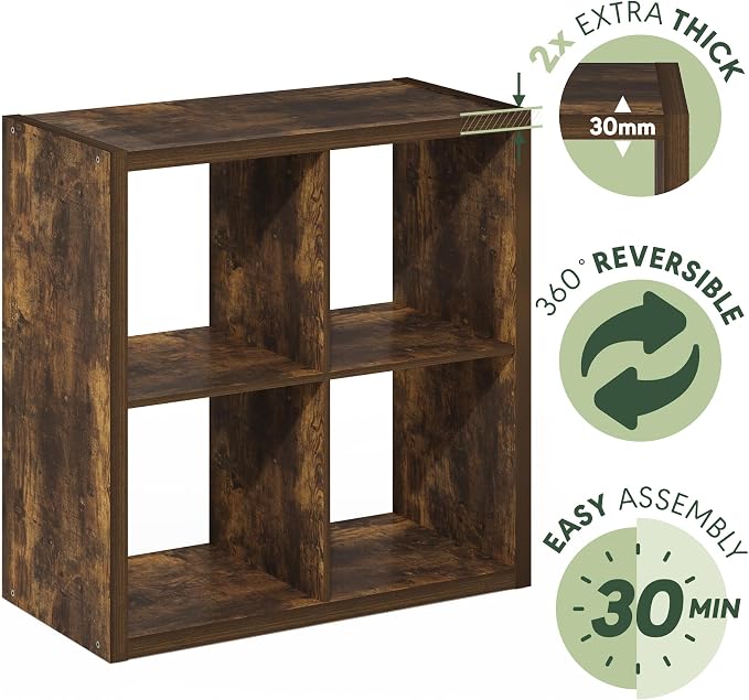 Furinno Cubicle Book Shelf, 4-Cube Bookshelf, Extra Thick Frame Reversible - Image 7