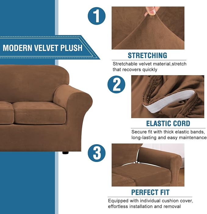 H.VERSAILTEX Velvet 4 Piece High Stretch Sofa Slipcover Cover Furniture - Image 3