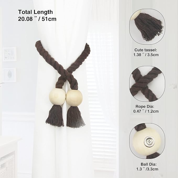2 Pack Magnetic Curtain Tiebacks Cotton Hand Woven Tie Back Decorative Rope - Image 3