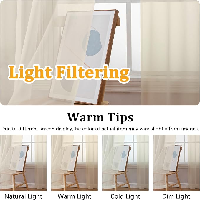 Gwine Cream Sheer Curtains 68 Inches Long 2 Panels Set, Light Filtering Sheer - Image 5