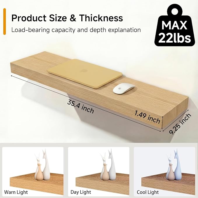 Oak Floating Shelves Set of 2，35.43in Wall Mounted Display Ledge Shelves - Image 4