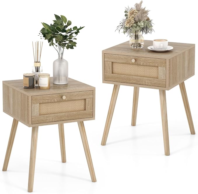 Giantex Boho Rattan Nightstand Set of 2, Mid Century Wood Night Stands by Giantex