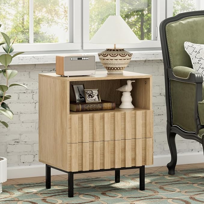 UEV Mid Century Modern Fluted Nightstand Set of 2, 2 Drawers End Table - Image 5