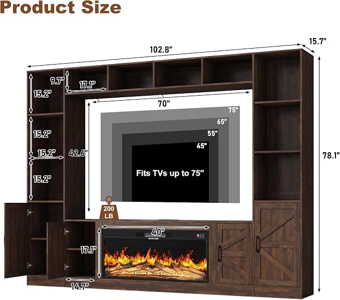 103" Fireplace TV Stand with 40" Electric Fireplace, Farmhouse TV Stand with - Image 2