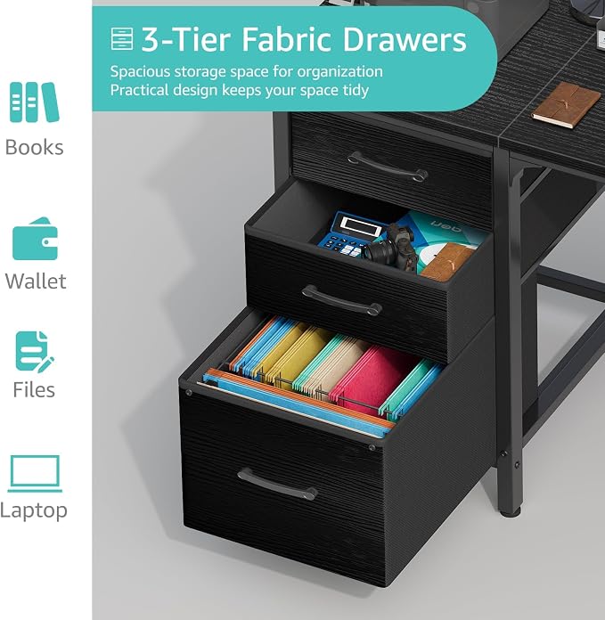 Lufeiya Computer Desk with Fabric File Drawers Cabinet, 55 Inch Reversible Home - Image 5
