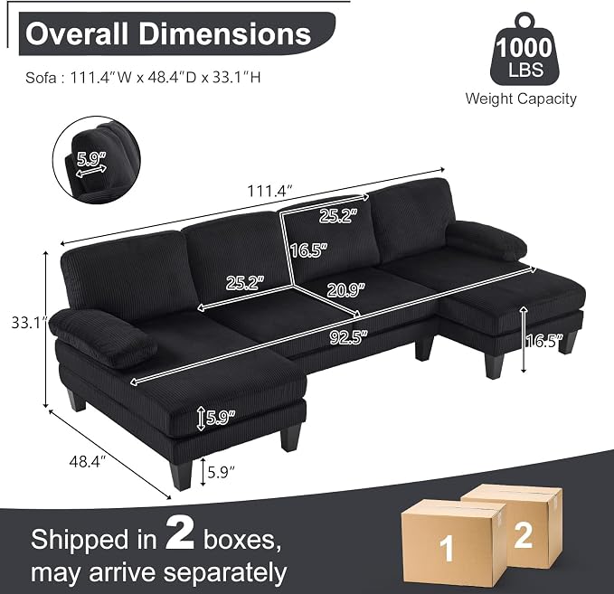 Karl home 111" Sectional Sofa U-Shaped 4-Seat Couch - Image 2