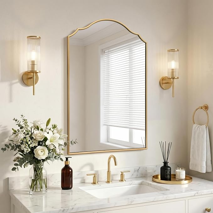 Besdomus Scalloped Gold Mirror for Bathroom: 24"x36" Minimalist Modern Arched by Besdomus