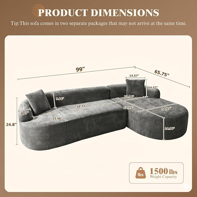 99" Curved Sectional Sofa with Chaise, Modern Boneless Couch with Deep Seat - Image 3