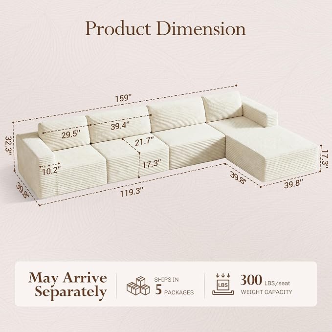 Vesgantti 159" Large Modular Sectional Sofa, L-Shaped Corduroy Cloud Couch - Image 2