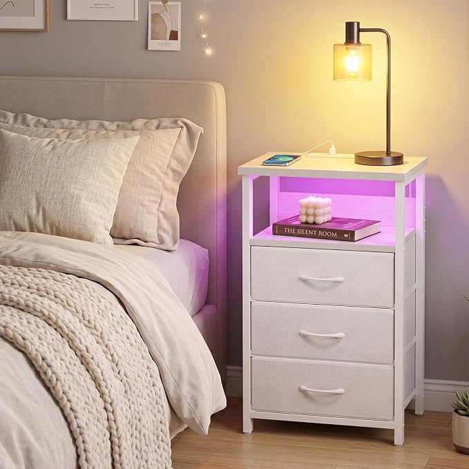 Fixwal White Nightstand with Charging Station, LED Night Stand with 3 Fabric - Image 2