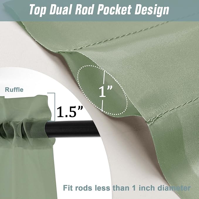 Sage Green Small Sheer Curtains 2 Panels Set, Kitchen Curtains 36 Inch Length - Image 3