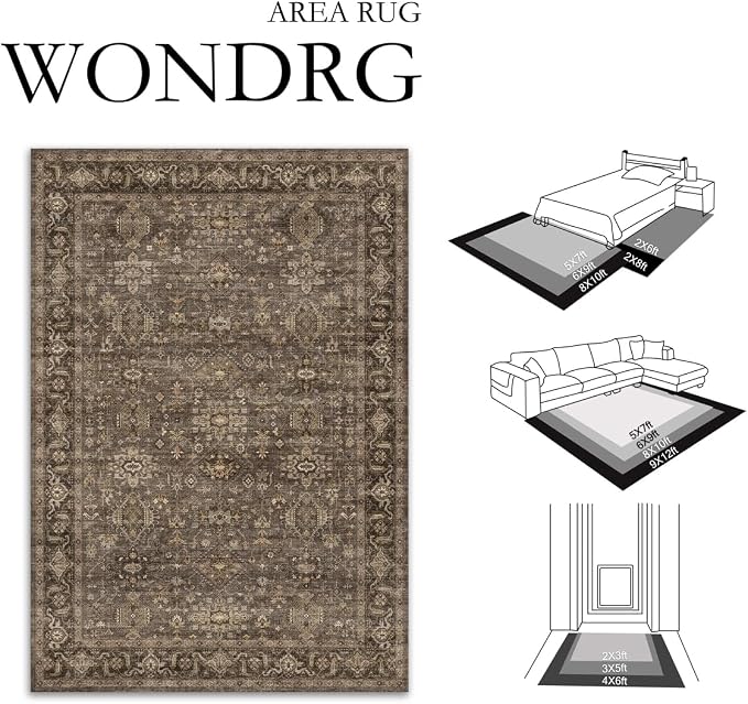10x12 Washable Area Rug for Living Room Bedroom Vintage Brown Non Slip Carpet - Image 2