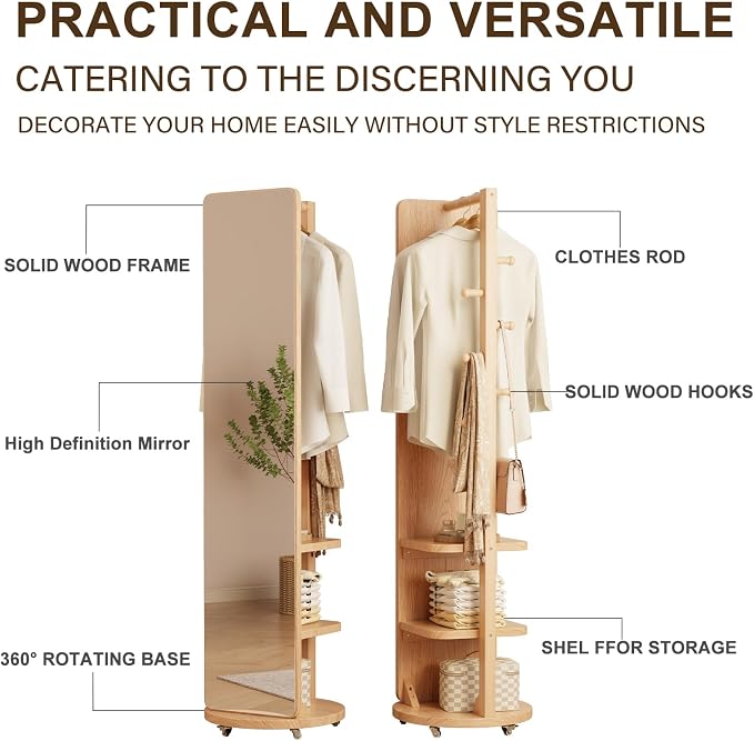WoodsWhisper Full Length Mirror Coat Rack Solid Wood Floor Mirror 66"x12" Full - Image 5