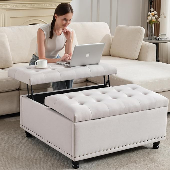 Tbfit Large Square Storage Ottoman Bench, Tufted Upholstered Coffee Table by TBfit