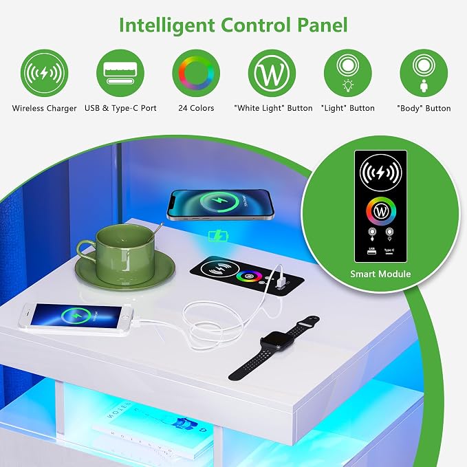 HNEBC Auto LED Nightstand with Wireless Charging Station & USB Ports, High - Image 6