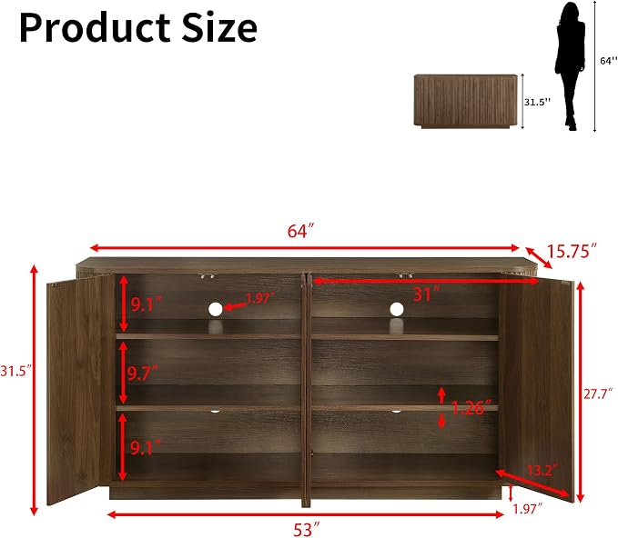 LKTART 64" Buffet Cabinet with Storage, Modern Fluted Accent Sideboard Media - Image 2