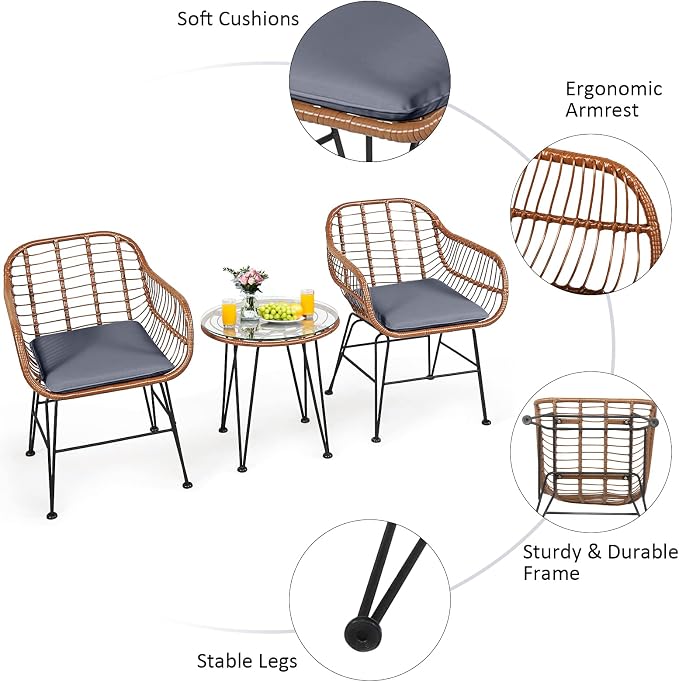 Tangkula 3 Pieces Patio Conversation Bistro Set, Outdoor Wicker Furniture - Image 7