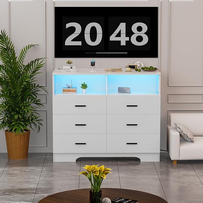 FJTJBSI Dresser with Power Outlets and LED Lights Wooden 6 Drawer Dresser with - Image 6