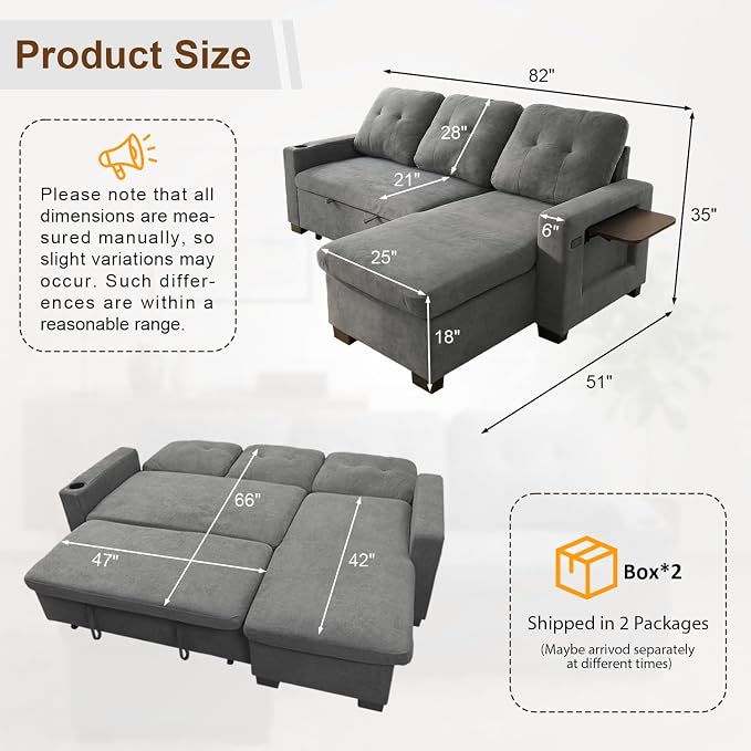 82" L Shaped Sleeper Sofa Bed, Pull Out Sectional Couch - Image 2