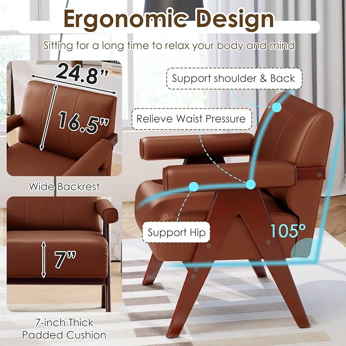 STHOUYN Brown Leather Accent Chairs, Mid Century Modern Chair, Side Arm Chairs - Image 6