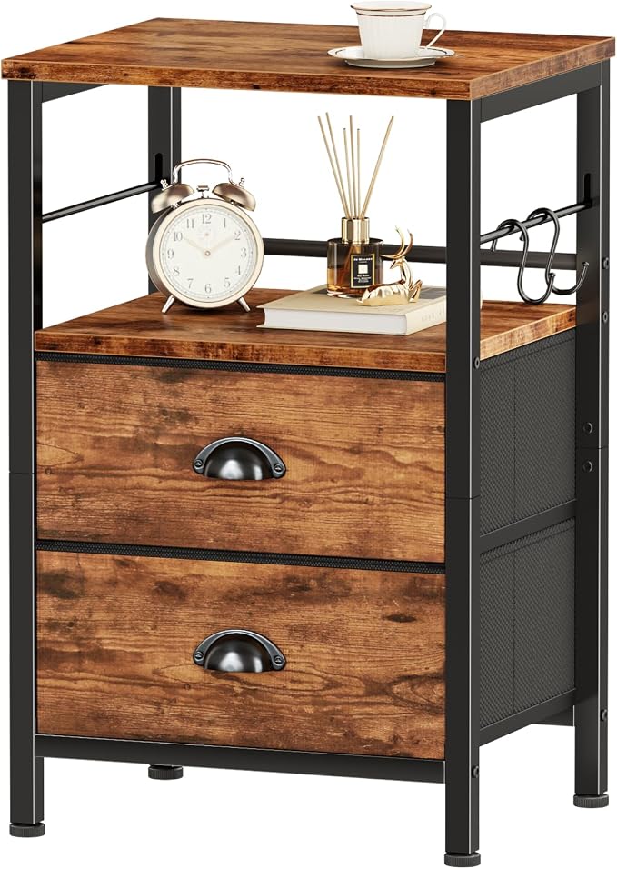 Furologee Nightstand with 2 Fabric Drawers, Night Stand with 2-Tier Shelf by Furologee