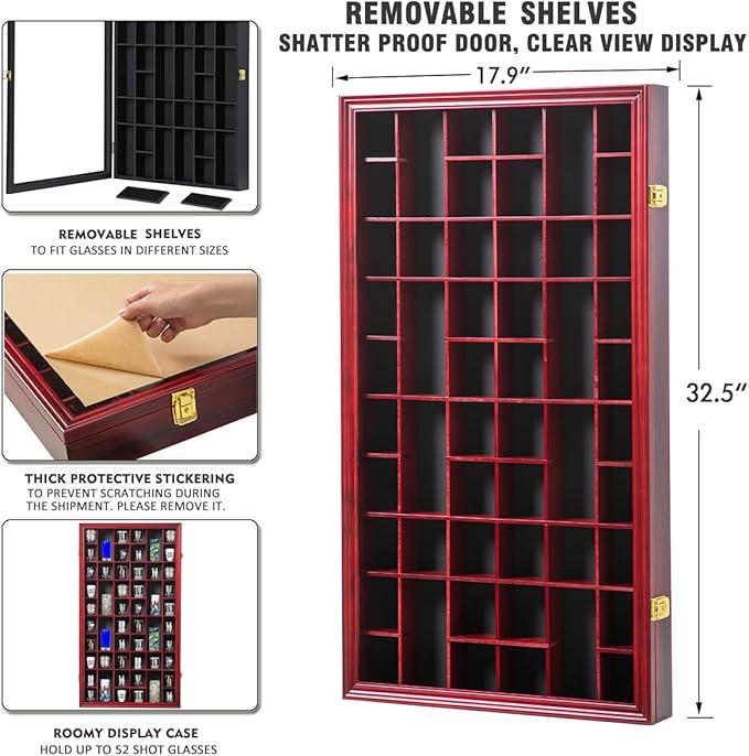 Shot Glass Display Case Large Wooden Cabinet Rack Holder Wall Mounted Mahogany - Image 2