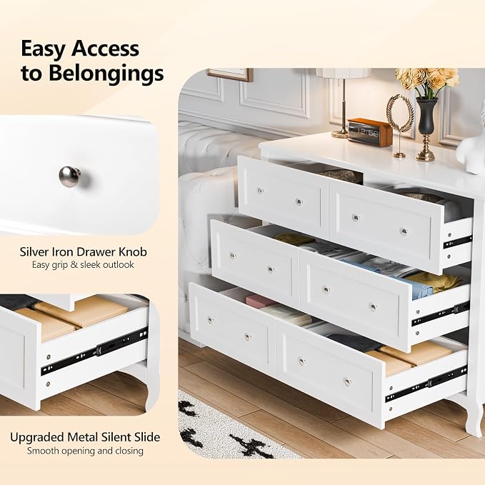 VINGLI White Dresser 6 Drawer, Wood Dresser Chest of Drawers, Clothes Dressers - Image 5