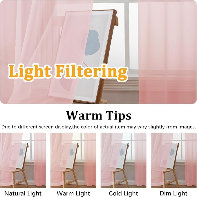 Gwine Blush Pink Sheer Kitchen Curtains 36 Inch Length, Light Filtering Voile - Image 5