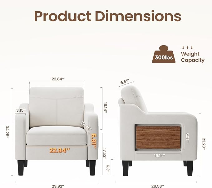 Accent Chair for Living Room Modern Linen Upholstered Armchair Side Wooden - Image 2