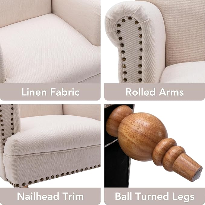 Beige Linen Fabric Accent Chair, Modern Farmhouse Upholstered Armchair - Image 3