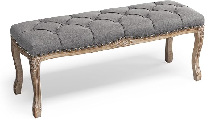 Cozyman Bedroom Bench, French Vintage Tufted Entryway 45.2" Carving Upholstered by COZYMAN