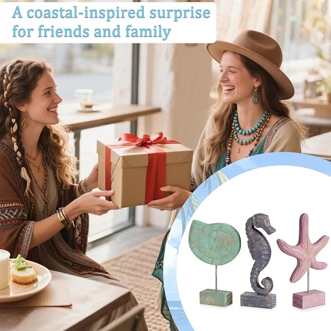 3pcs Wood Handmade Beach Nautical Style Figurines Starfish/Conch/Seahorse - Image 7