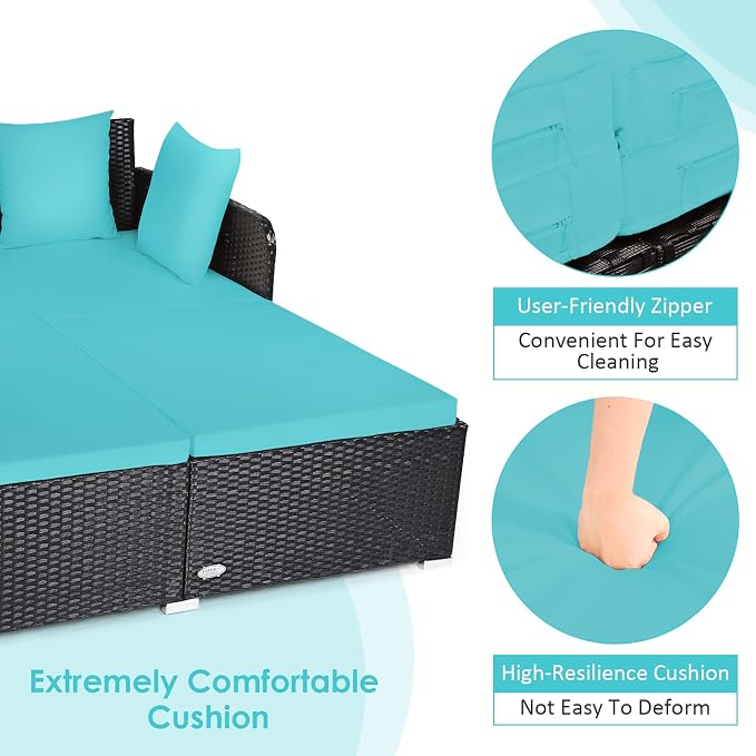 COSTWAY Outdoor Patio Rattan Daybed, Sponge Cushioned Loveseat Sofa - Image 8