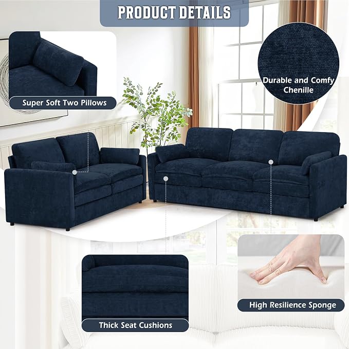 Classic Chenille Sofa Set with 2 Extra Armrest Pillows, Loveseat and 3-Seat - Image 2