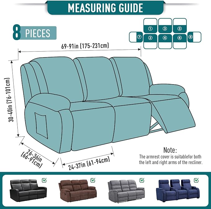 TAOCOCO Recliner Sofa Covers 8-Pieces Stretch Large Couch Covers - Image 5