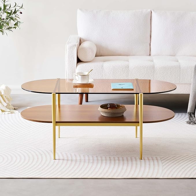 LumFurn Oval Glass Coffee Table, Mid-Century Modern Design, L41 x W21 x H17 inch - Image 4