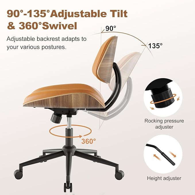 Armless Office Chair with Wheels, PU Leather Adjustable Height Desk Chair - Image 3