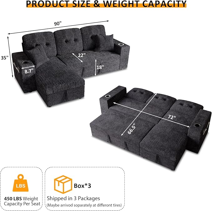 90 Inch Modular Sectional Sleeper Sofa Bed, 4 in 1 Pull Out Couch Bed - Image 3