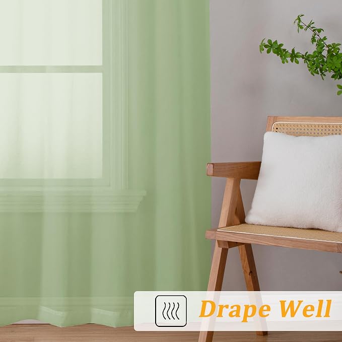 Gwine Light Green Sheer Curtains 30 Inch Length, Short Light Filtering Voile - Image 6
