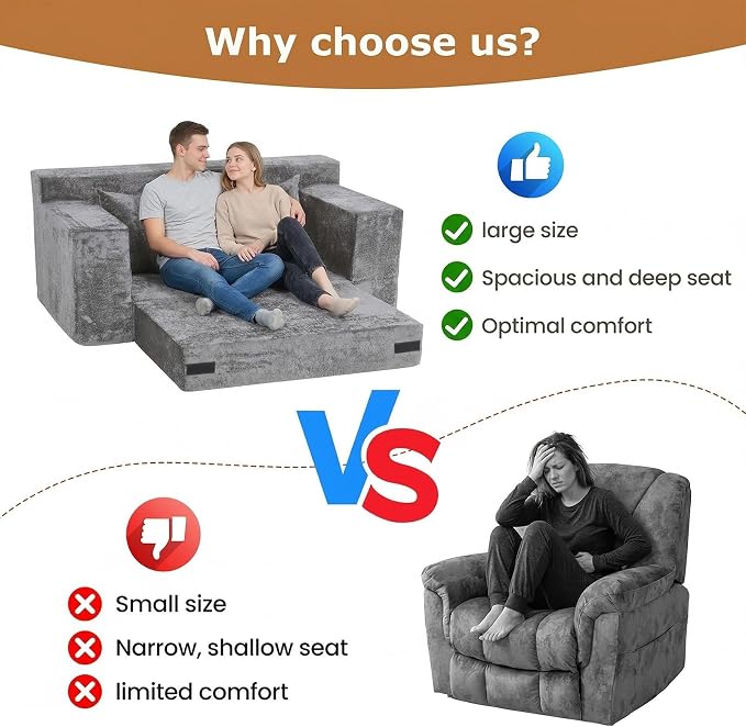 Loveseat Sofa Bed, Convertible Silky Velvet 5-in-1 Foldable Boneless Sleeper - Image 6