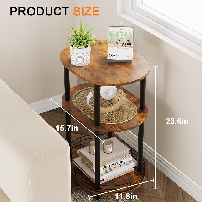 Small Rattan Side Table with Storage, 3 Tier Round/Oval End Table with Rattan - Image 2