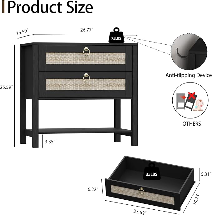 Xixini Nightstand Set of 2, Rattan Boho Bedside Table - Image 2