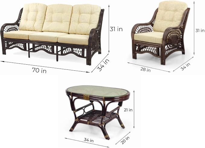Malibu Lounge Set of 4: 2 Natural Rattan Wicker Chairs, Three-Seater Sofa - Image 3