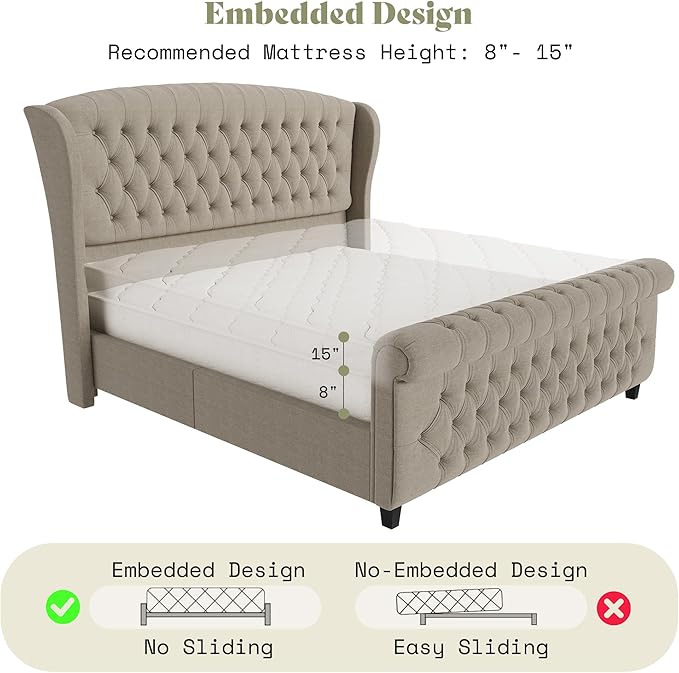 AMERLIFE King Size Platform Bed Frame, Linen Upholstered Sleigh Bed - Image 8